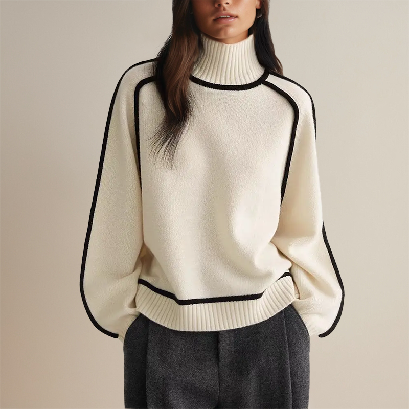 Women’s Oversized Contrast Trim Turtleneck Sweater
